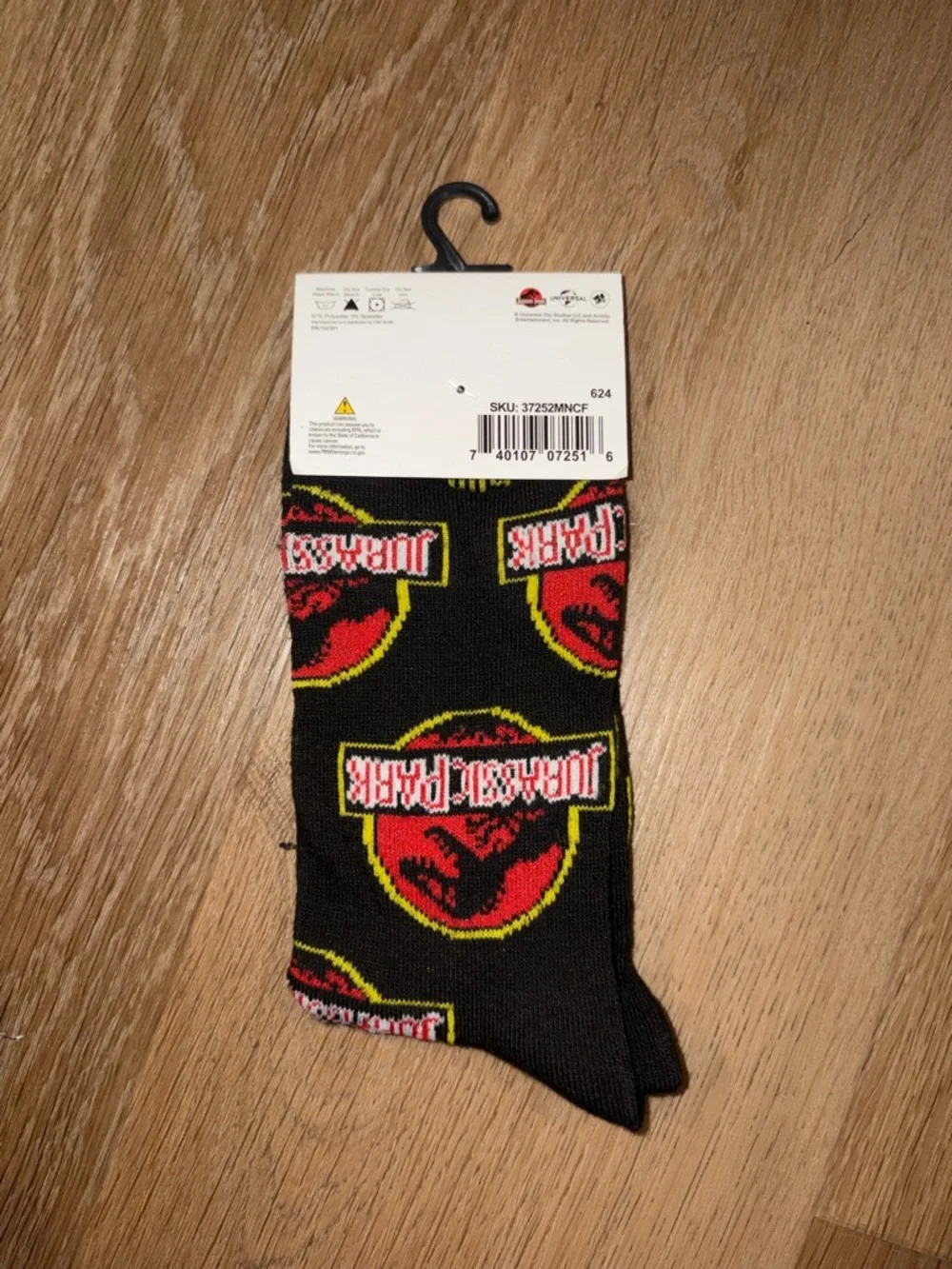 Jurassic Park Novelty Crew Crazy Socks 1 Pair Fits Shoe Size 6-12 New Black Red